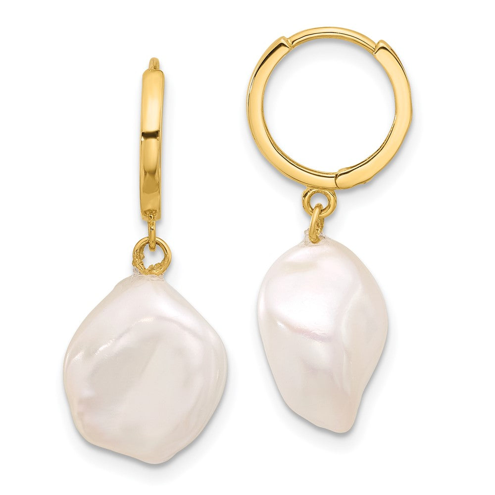 14K Yellow Gold 11-12mm White Keshi Freshwater Cultured Pearl Dangle Hoop Earrings