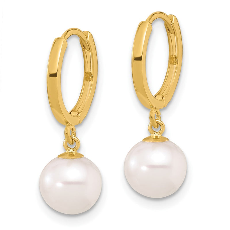 14K Yellow Gold 7-8mm Round Freshwater Cultured Pearl Dangle Hoop Earrings