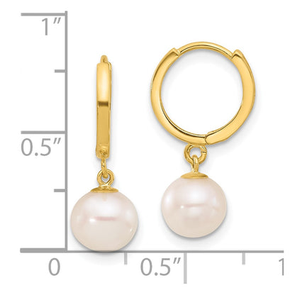 14K Yellow Gold 7-8mm Round Freshwater Cultured Pearl Dangle Hoop Earrings