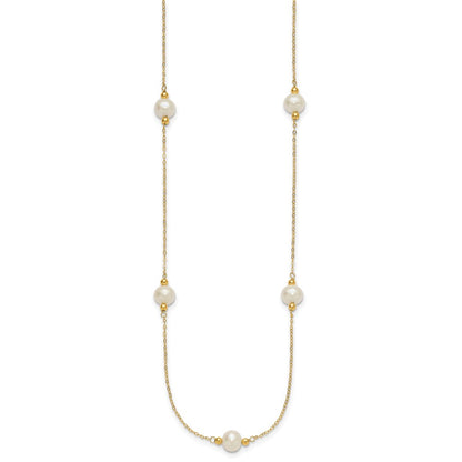 14K Yellow Gold 8-9mm Near-Round White Fwc Pearl 5 Station 18in Necklace