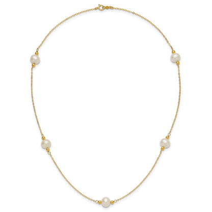 14K Yellow Gold 8-9mm Near-Round White Fwc Pearl 5 Station 18in Necklace
