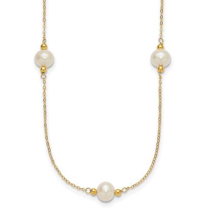 14K Yellow Gold 8-9mm Near-Round White Fwc Pearl 5 Station 18in Necklace
