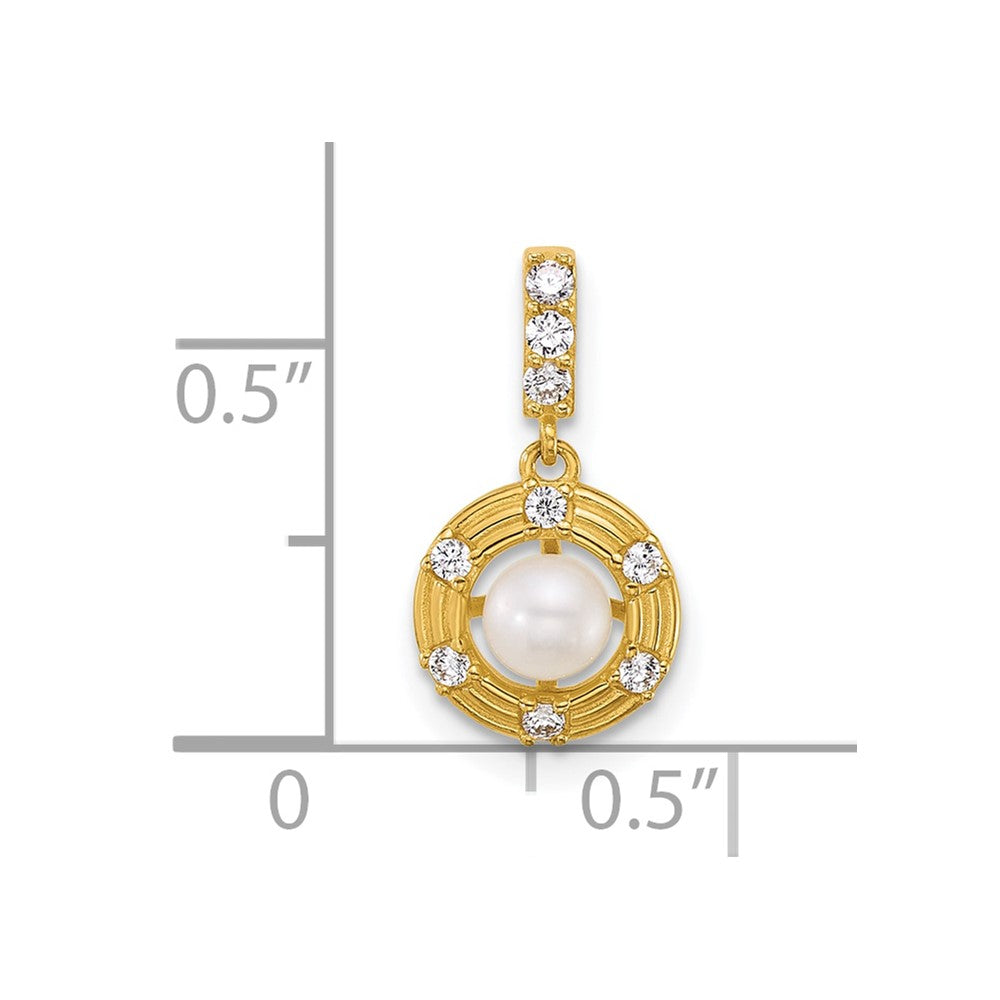 14K Yellow Gold Polished and Grooved Fwc Pearl and CZ Circle Pendant