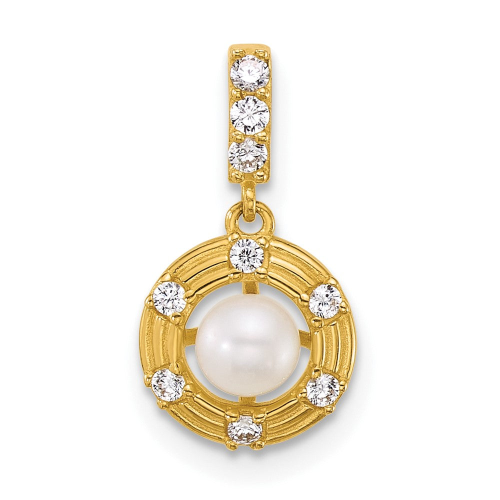 14K Yellow Gold Polished and Grooved Fwc Pearl and CZ Circle Pendant