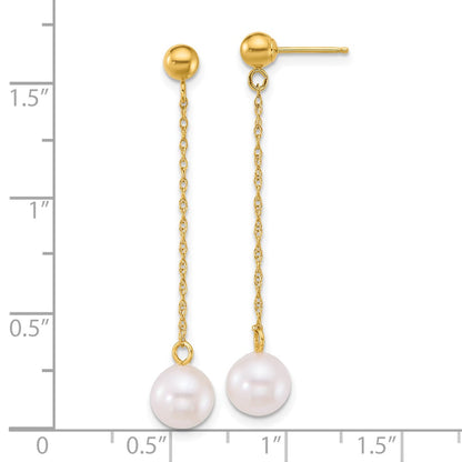 14K Yellow Gold 6.5-7mm White Rnd Akoya Saltwater Cultured Pearl Dangle Earrings