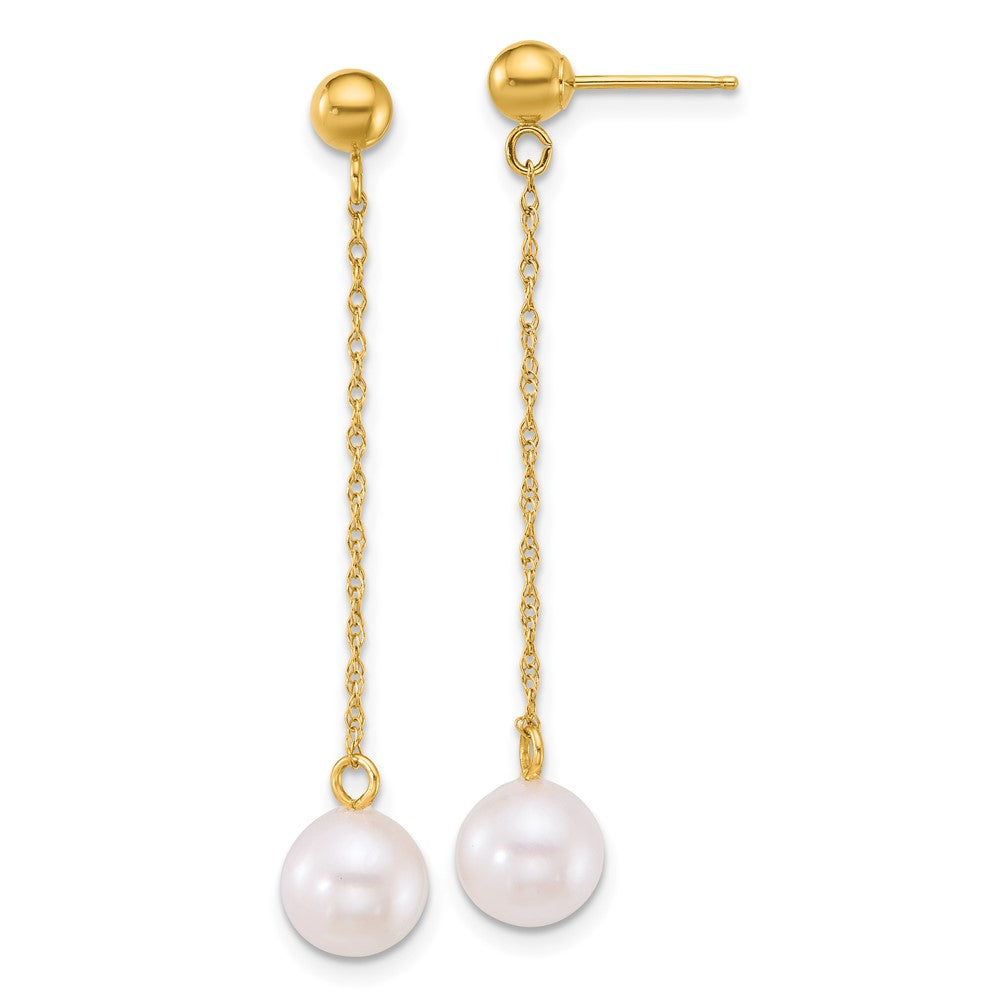 14K Yellow Gold 6.5-7mm White Rnd Akoya Saltwater Cultured Pearl Dangle Earrings