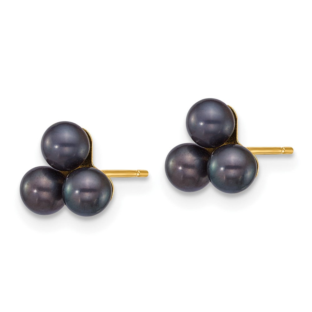14K Yellow Gold 3-4mm Button Black Freshwater Cultured 3 Pearl Post Earrings