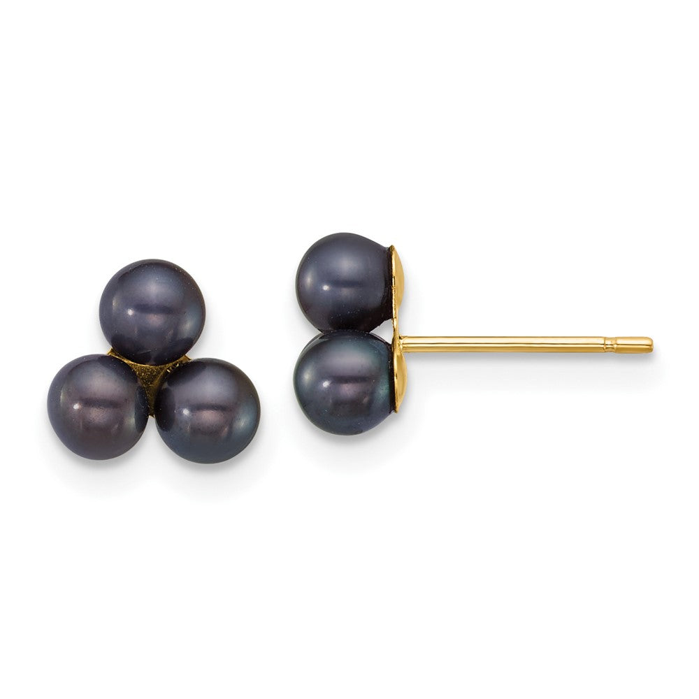 14K Yellow Gold 3-4mm Button Black Freshwater Cultured 3 Pearl Post Earrings