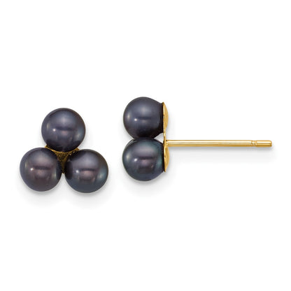 14K Yellow Gold 3-4mm Button Black Freshwater Cultured 3 Pearl Post Earrings