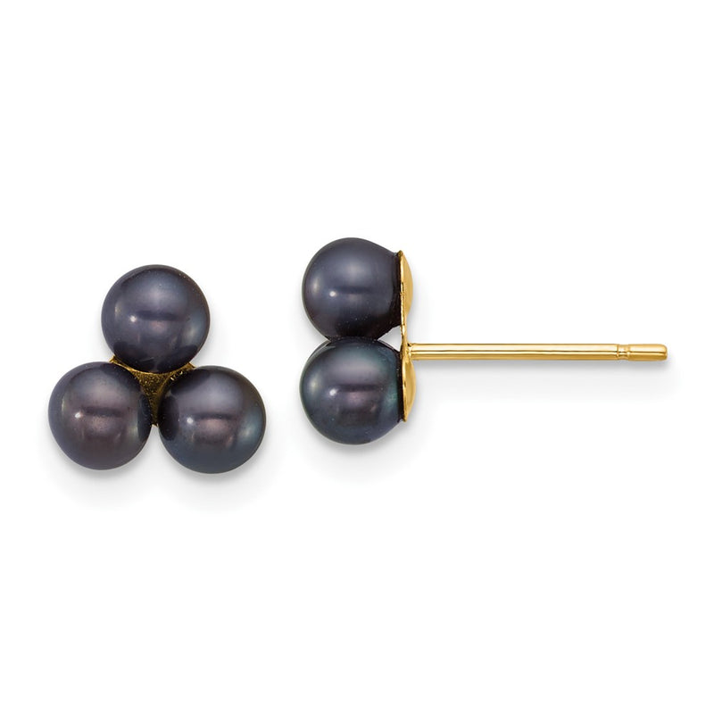 14K Yellow Gold 3-4mm Button Black Freshwater Cultured 3 Pearl Post Earrings