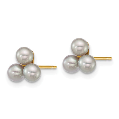 14K Yellow Gold 3-4mm Button Grey Freshwater Cultured 3 Pearl Post Earrings