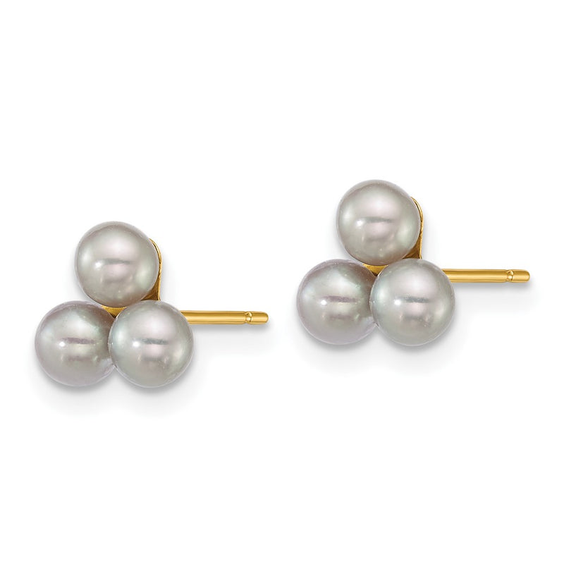 14K Yellow Gold 3-4mm Button Grey Freshwater Cultured 3 Pearl Post Earrings