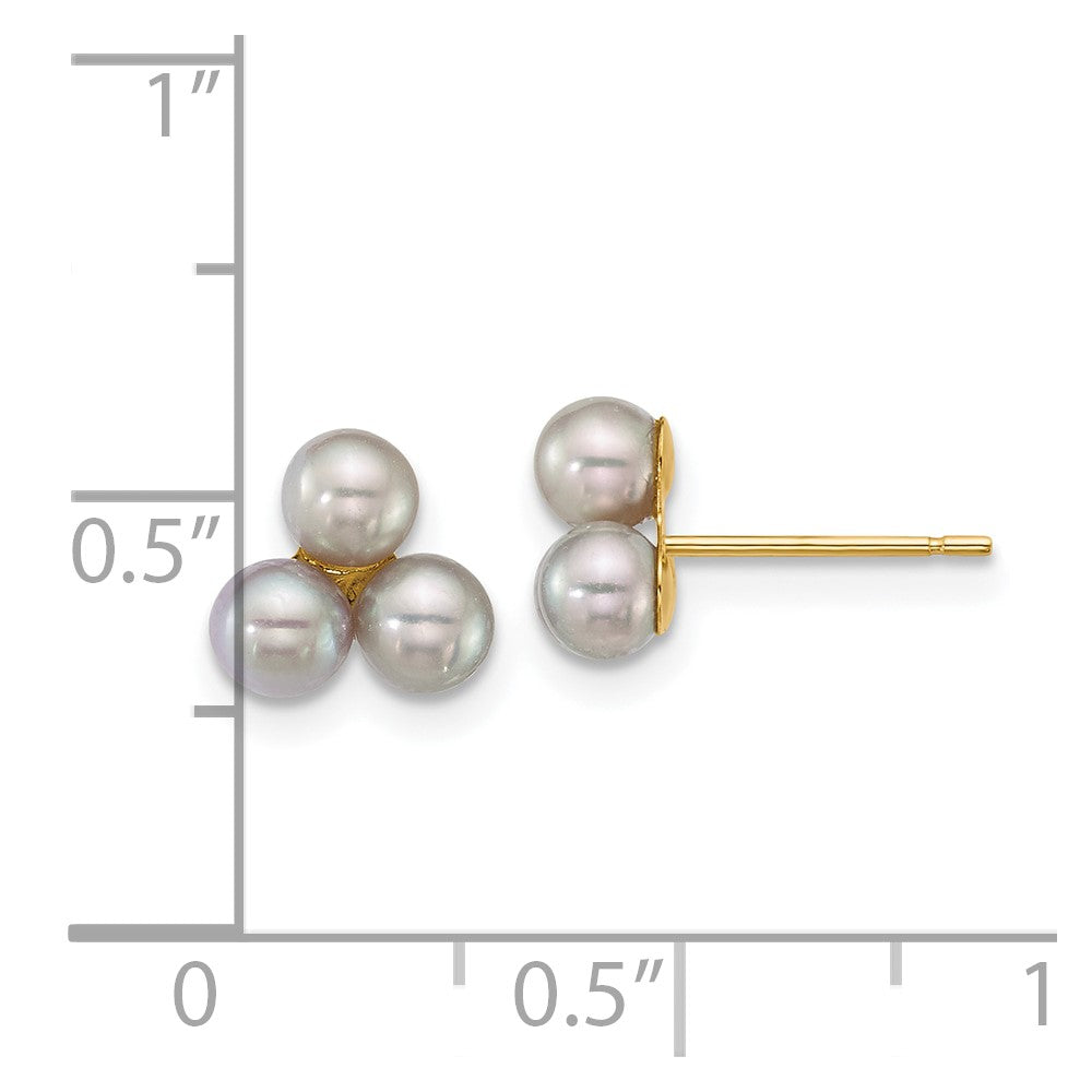 14K Yellow Gold 3-4mm Button Grey Freshwater Cultured 3 Pearl Post Earrings