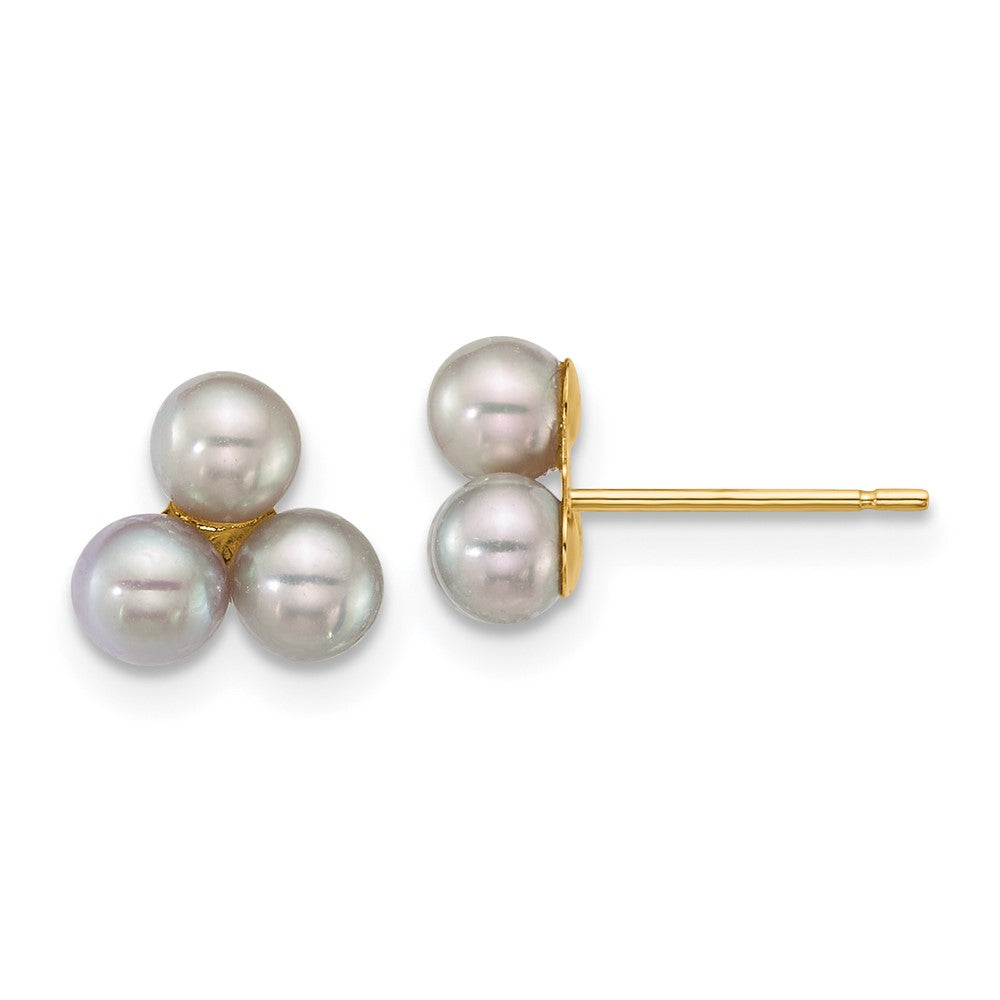 14K Yellow Gold 3-4mm Button Grey Freshwater Cultured 3 Pearl Post Earrings