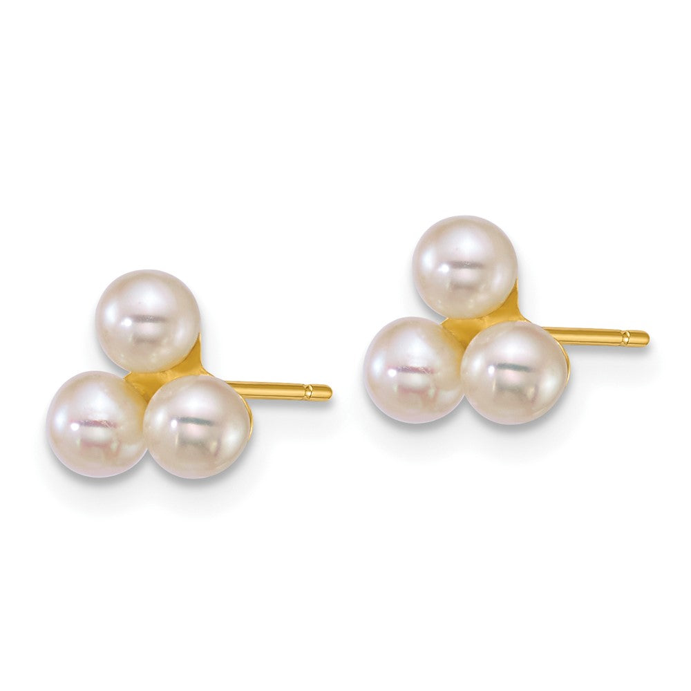 14K Yellow Gold 3-4mm Button White Freshwater Cultured 3 Pearl Post Earrings