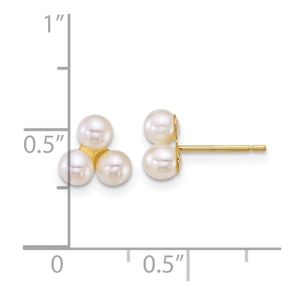 14K Yellow Gold 3-4mm Button White Freshwater Cultured 3 Pearl Post Earrings