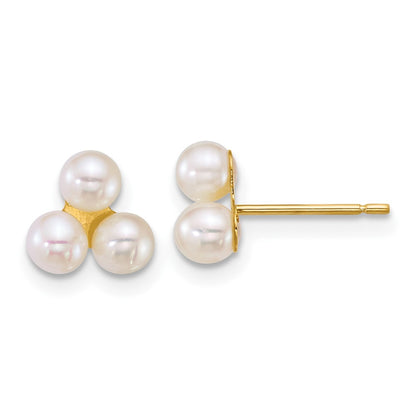 14K Yellow Gold 3-4mm Button White Freshwater Cultured 3 Pearl Post Earrings