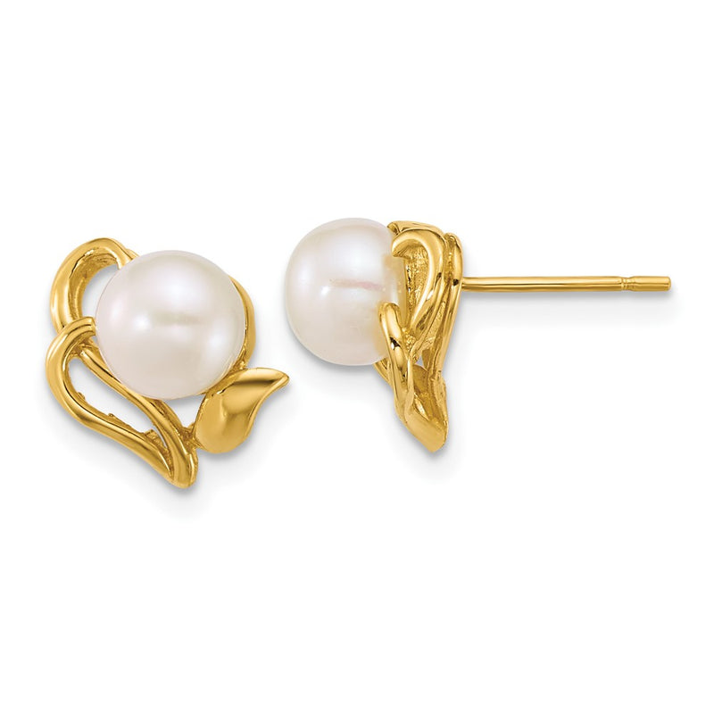 14K Yellow Gold Polished 6-7mm Button Freshwater Cultured Pearl Flower Post Earrings