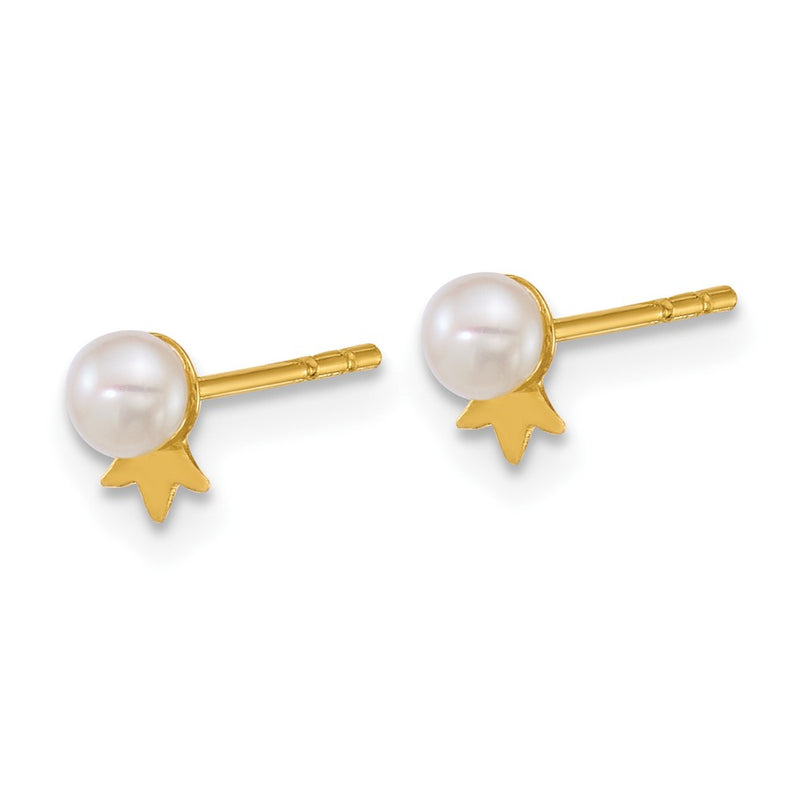 14K Yellow Gold 3-4mm Round White Fwc Pearl with Crown Post Earrings