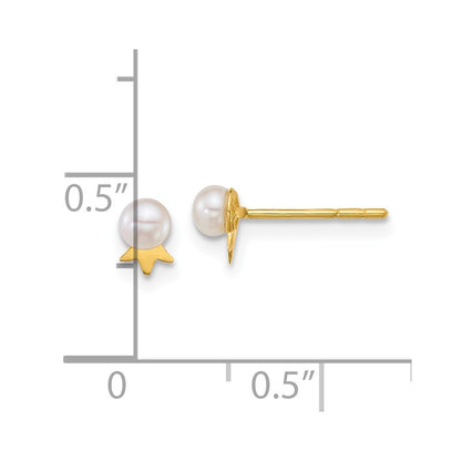 14K Yellow Gold 3-4mm Round White Fwc Pearl with Crown Post Earrings