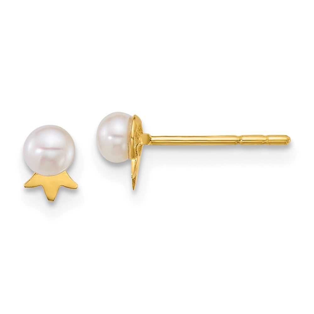 14K Yellow Gold 3-4mm Round White Fwc Pearl with Crown Post Earrings