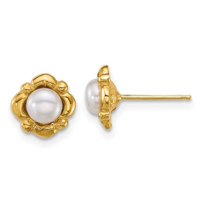 14K Yellow Gold Polished 4-5mm Button White Freshwater Cultured Pearl Earrings