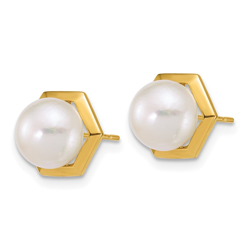 14K Yellow Gold Polished 7-8mm Button Freshwater Cultured Pearl Hexagon Post Earrings