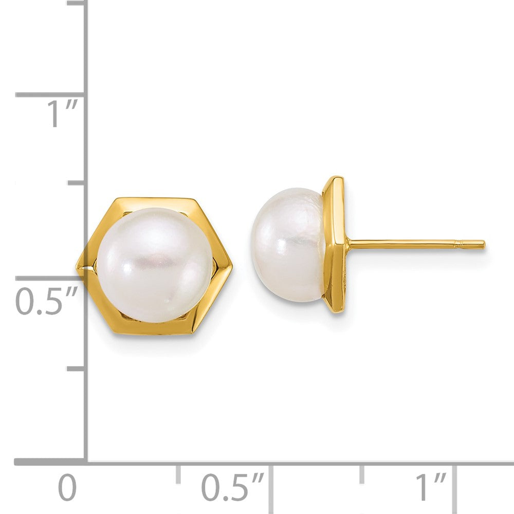 14K Yellow Gold Polished 7-8mm Button Freshwater Cultured Pearl Hexagon Post Earrings