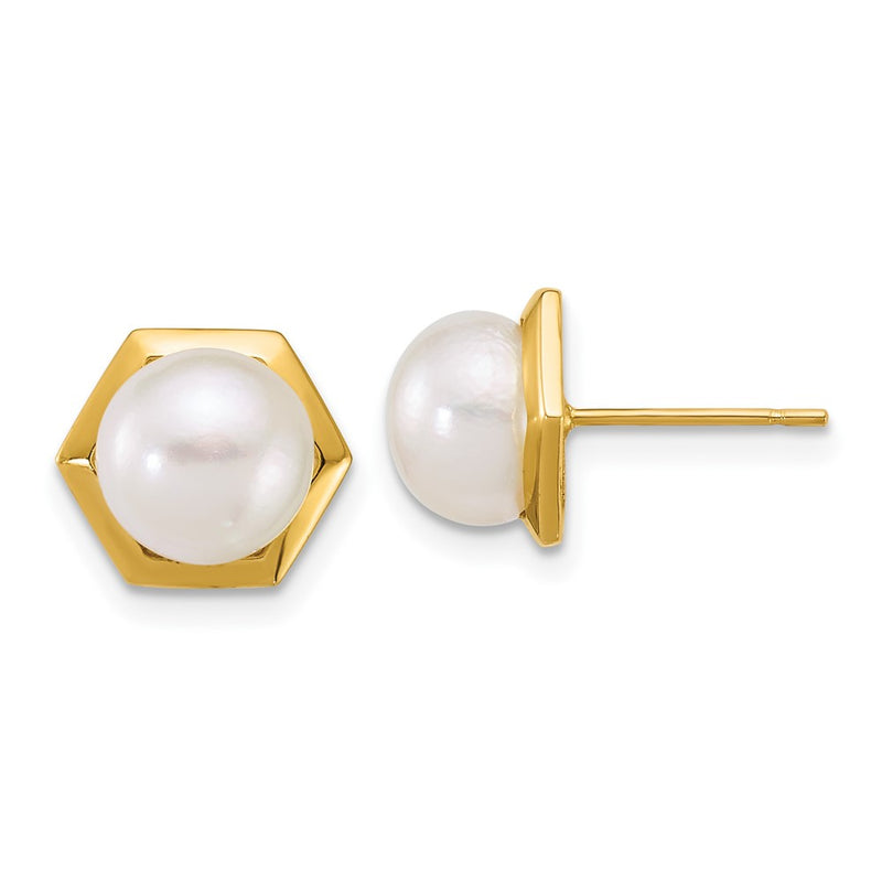 14K Yellow Gold Polished 7-8mm Button Freshwater Cultured Pearl Hexagon Post Earrings