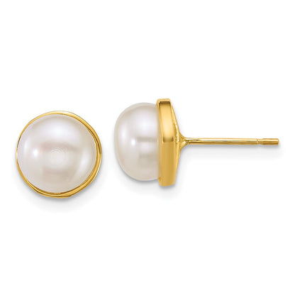 14K Yellow Gold Polished 7-8mm Button Freshwater Cultured Pearl Post Earrings