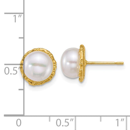14K Yellow Gold Polished 7-8mm Button Freshwater Cultured Pearl Post Earrings