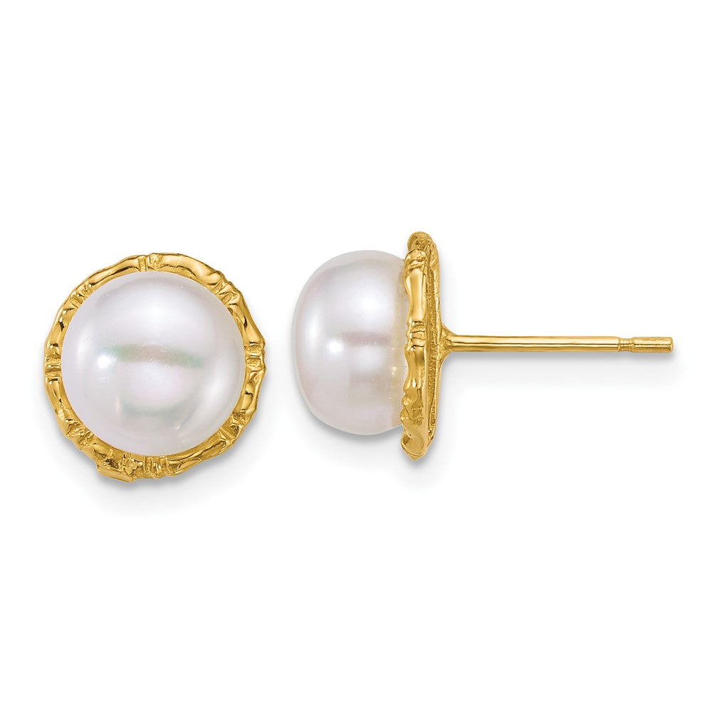 14K Yellow Gold Polished 7-8mm Button Freshwater Cultured Pearl Post Earrings