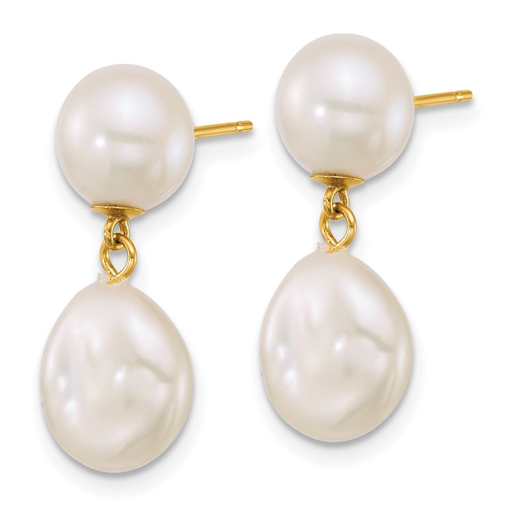 14K Yellow Gold 7-10mm Button/baroque White Freshwater Cultured Pearl Post Dangle Earrings