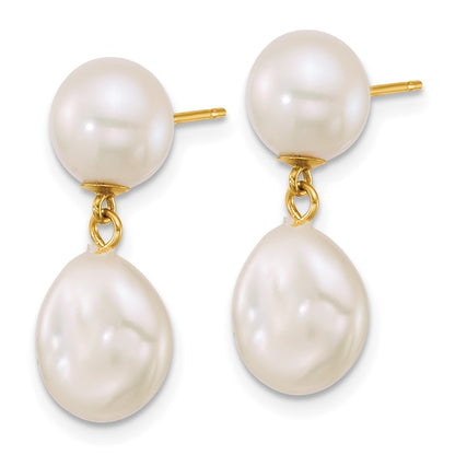 14K Yellow Gold 7-10mm Button/baroque White Freshwater Cultured Pearl Post Dangle Earrings