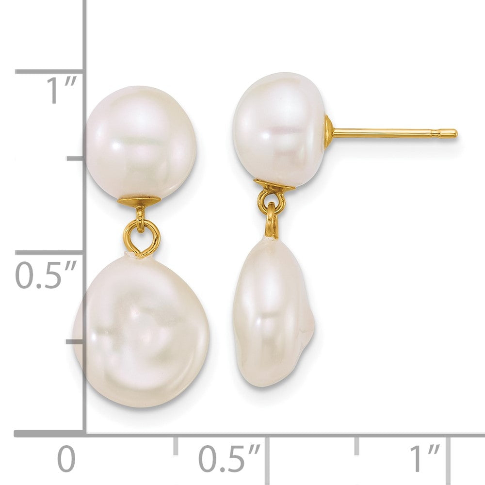 14K Yellow Gold 7-10mm Button/baroque White Freshwater Cultured Pearl Post Dangle Earrings