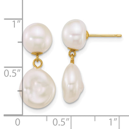 14K Yellow Gold 7-10mm Button/baroque White Freshwater Cultured Pearl Post Dangle Earrings