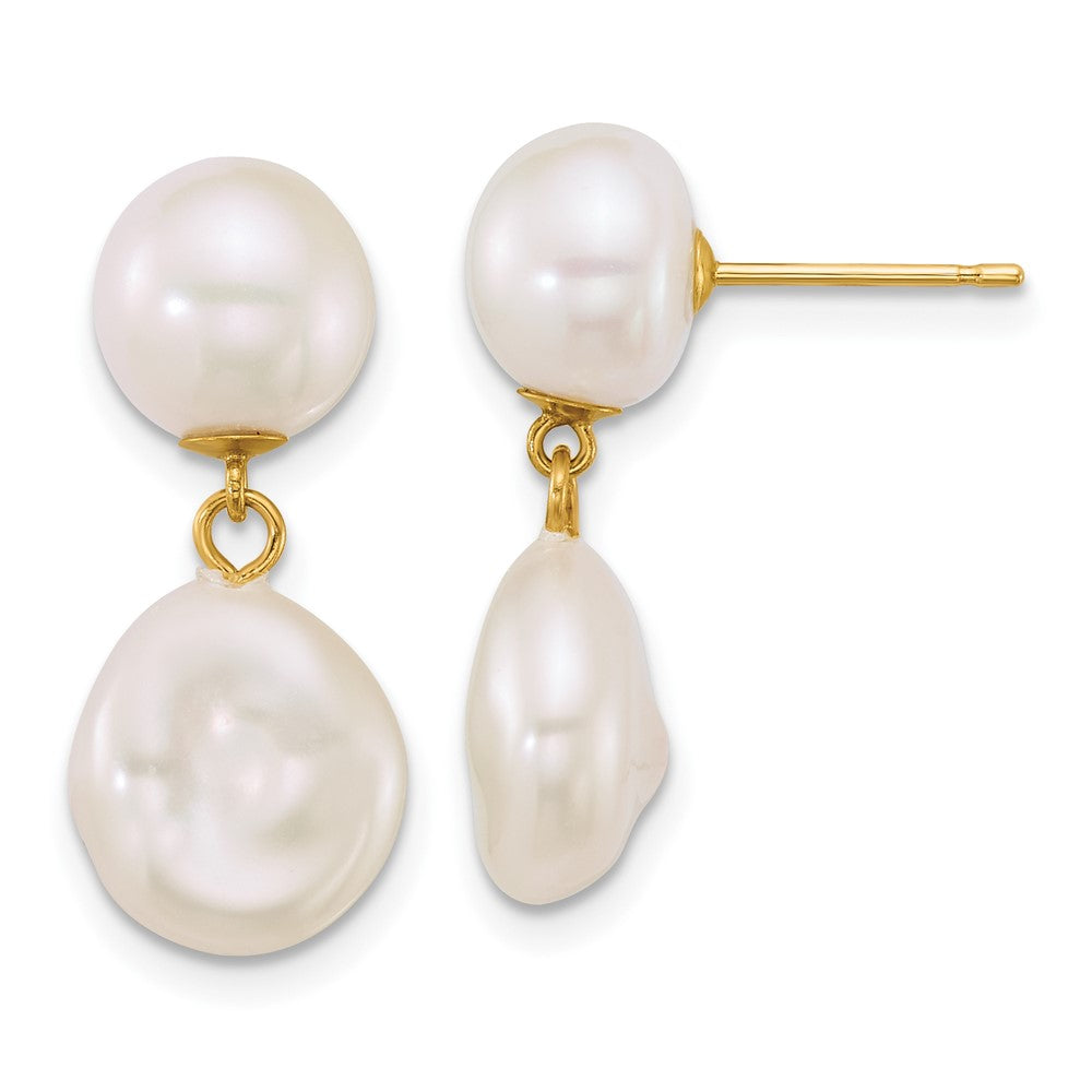 14K Yellow Gold 7-10mm Button/baroque White Freshwater Cultured Pearl Post Dangle Earrings