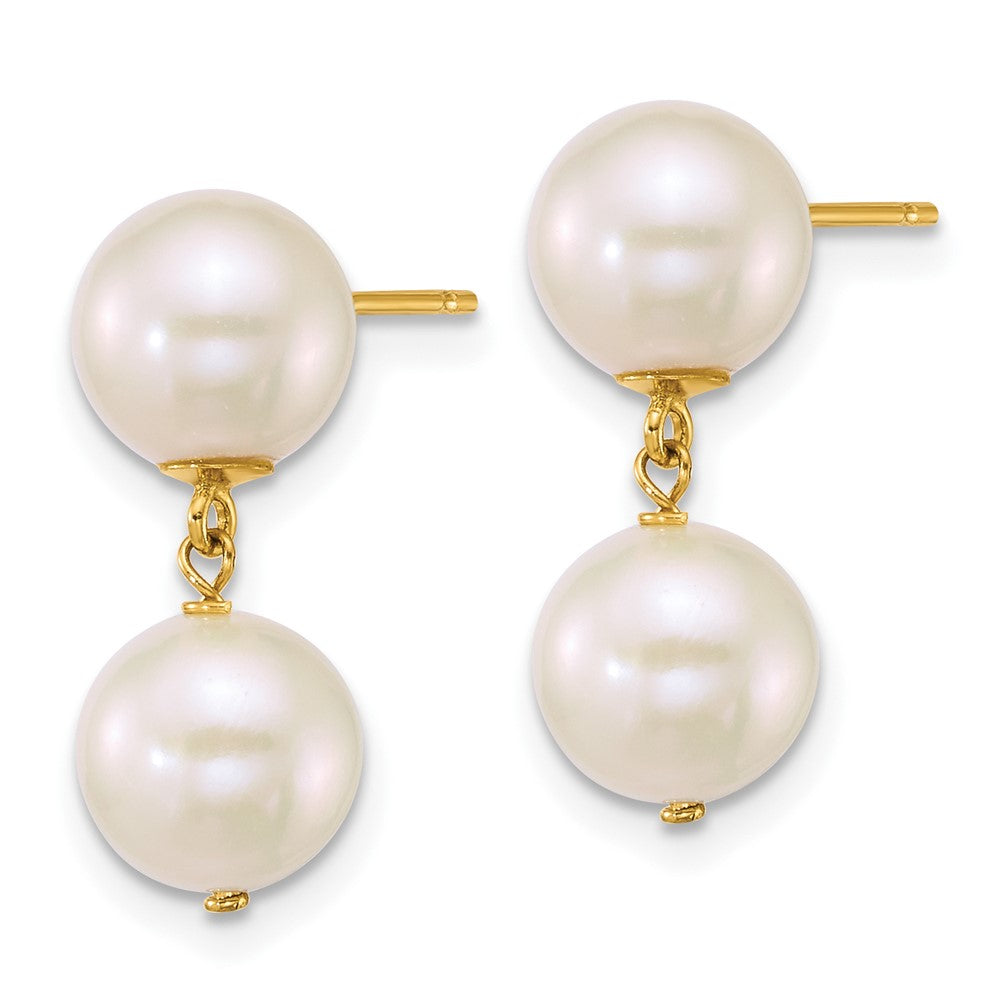 14K Yellow Gold 7-8mm Round White Freshwater Cultured 2 Pearl Dangle Post Earrings