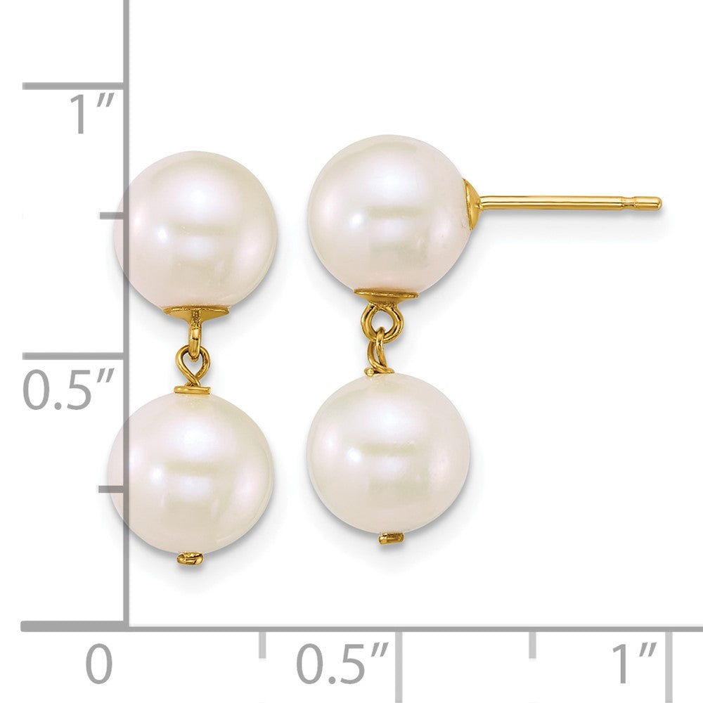 14K Yellow Gold 7-8mm Round White Freshwater Cultured 2 Pearl Dangle Post Earrings