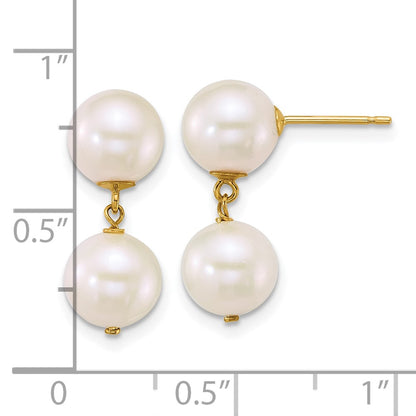 14K Yellow Gold 7-8mm Round White Freshwater Cultured 2 Pearl Dangle Post Earrings