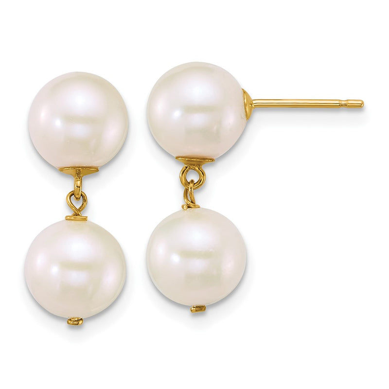 14K Yellow Gold 7-8mm Round White Freshwater Cultured 2 Pearl Dangle Post Earrings