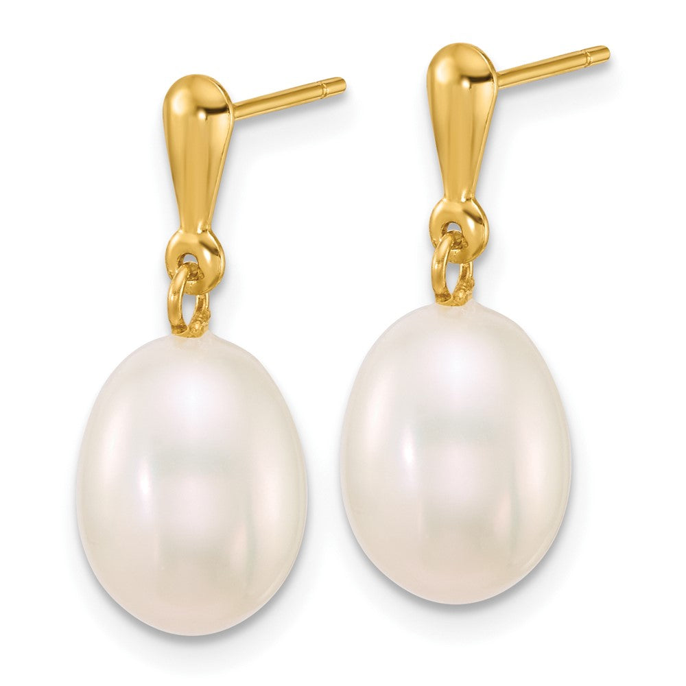 14K Yellow Gold 8-9mm Rice White Freshwater Cultured Pearl Post Dangle Earrings
