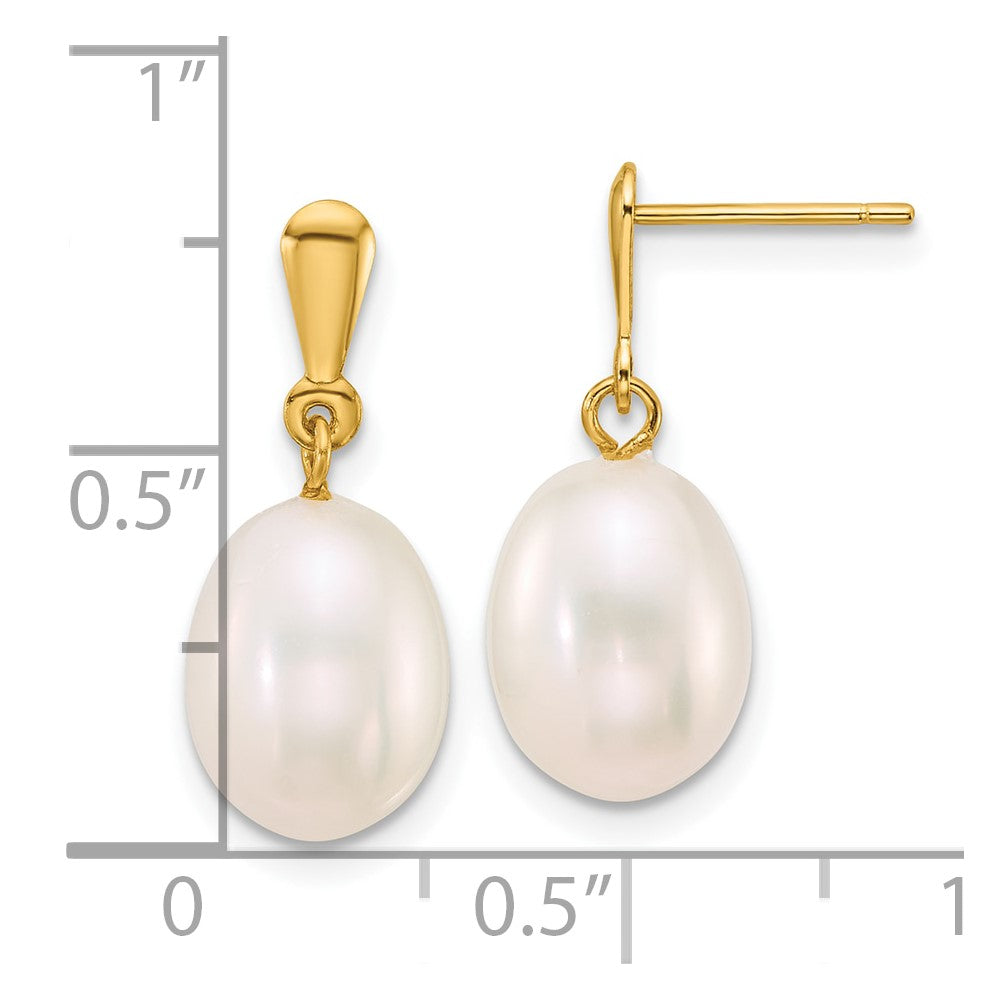 14K Yellow Gold 8-9mm Rice White Freshwater Cultured Pearl Post Dangle Earrings