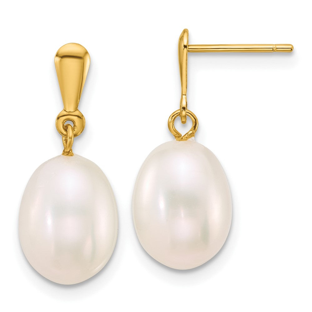 14K Yellow Gold 8-9mm Rice White Freshwater Cultured Pearl Post Dangle Earrings