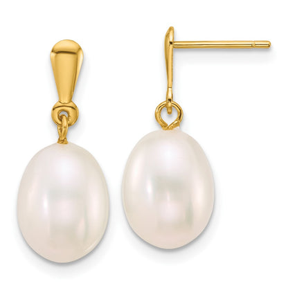 14K Yellow Gold 8-9mm Rice White Freshwater Cultured Pearl Post Dangle Earrings