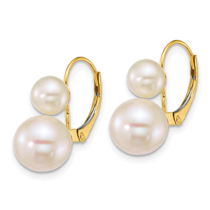 14K Yellow Gold 6-9mm Round White Freshwater Cultured 2 Pearl Earrings