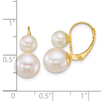 14K Yellow Gold 6-9mm Round White Freshwater Cultured 2 Pearl Earrings