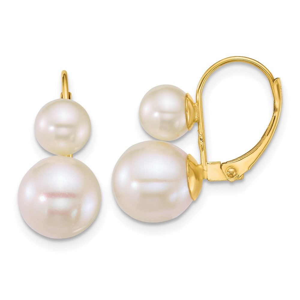 14K Yellow Gold 6-9mm Round White Freshwater Cultured 2 Pearl Earrings