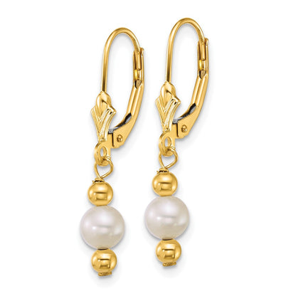 14K Yellow Gold 5-6mm Round White Freshwater Cultured Pearl Dangle Earrings