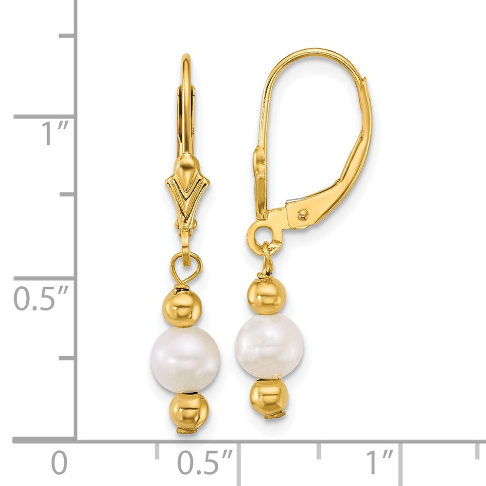 14K Yellow Gold 5-6mm Round White Freshwater Cultured Pearl Dangle Earrings